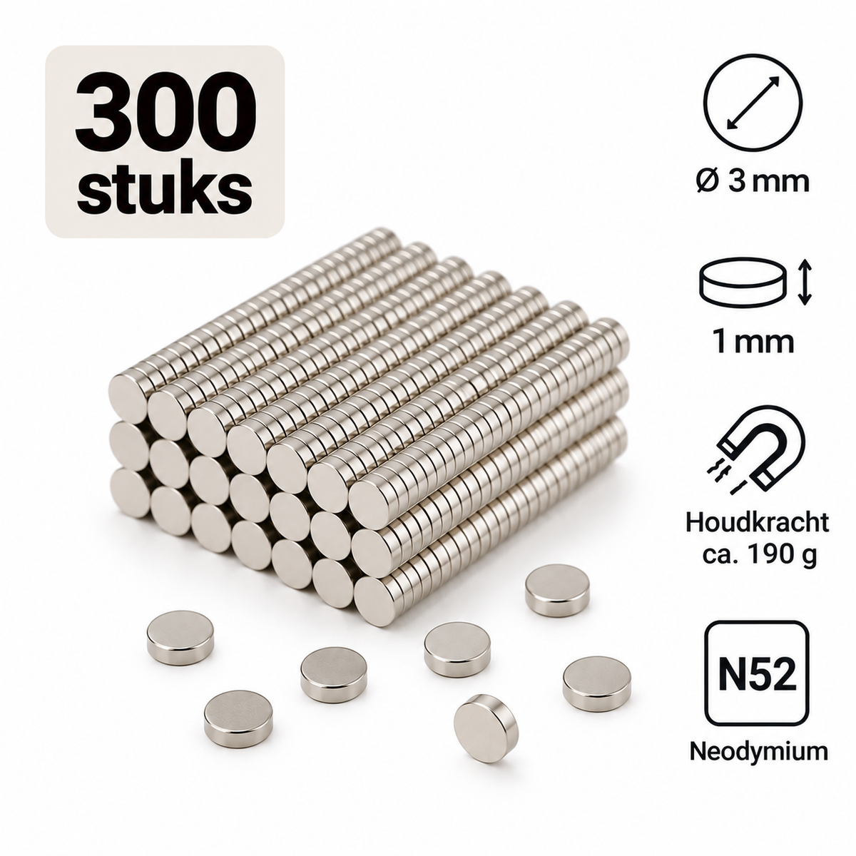 Sterke mini neodymium magneten Ø3 × 1 mm N52 – 300 stuks