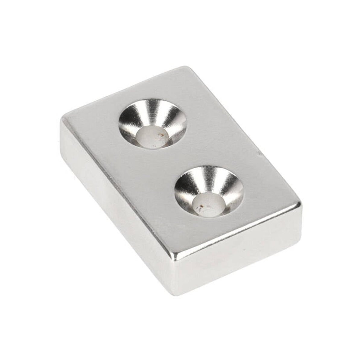 Neodymium Block Magnet with 2x Countersunk Holes 30 x 20 x 8 mm N48 NiCuNi South Pole