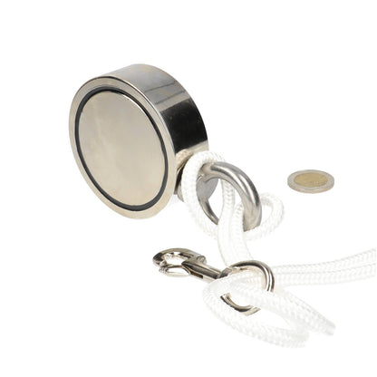 Neodymium Vismagneet Ø75 x 25 mm 250 kg Trekkracht NiCuNi – Set met 25 m Touw, Bout en Musketon - Magnetenspecialist Import & Export B.V.