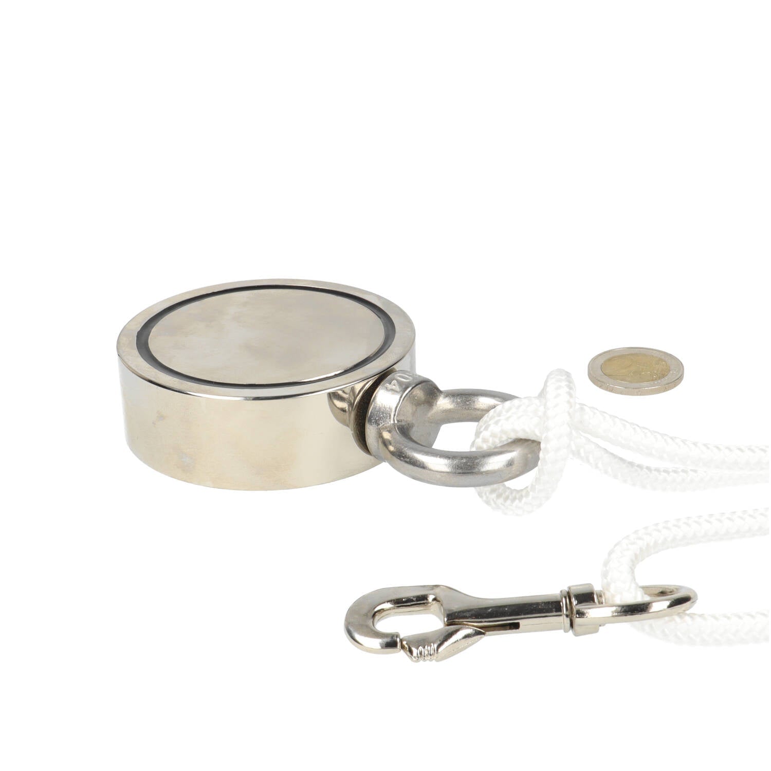 Neodymium Vismagneet Ø75 x 25 mm 250 kg Trekkracht NiCuNi – Set met 25 m Touw, Bout en Musketon - Magnetenspecialist Import & Export B.V.