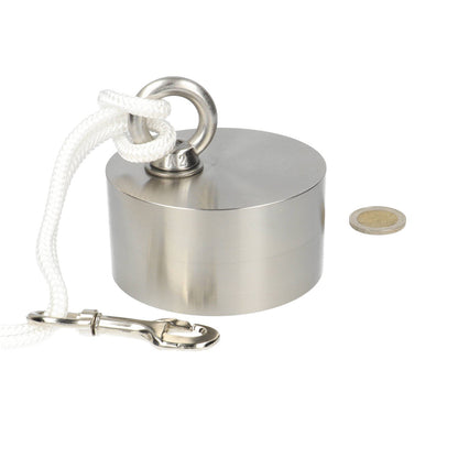 Neodymium Vismagneet Ø90 x 45 mm 360 kg Trekkracht NiCuNi – Set met 25 m Touw, Oogmoer, Bout en Musketon - Magnetenspecialist Import & Export B.V.